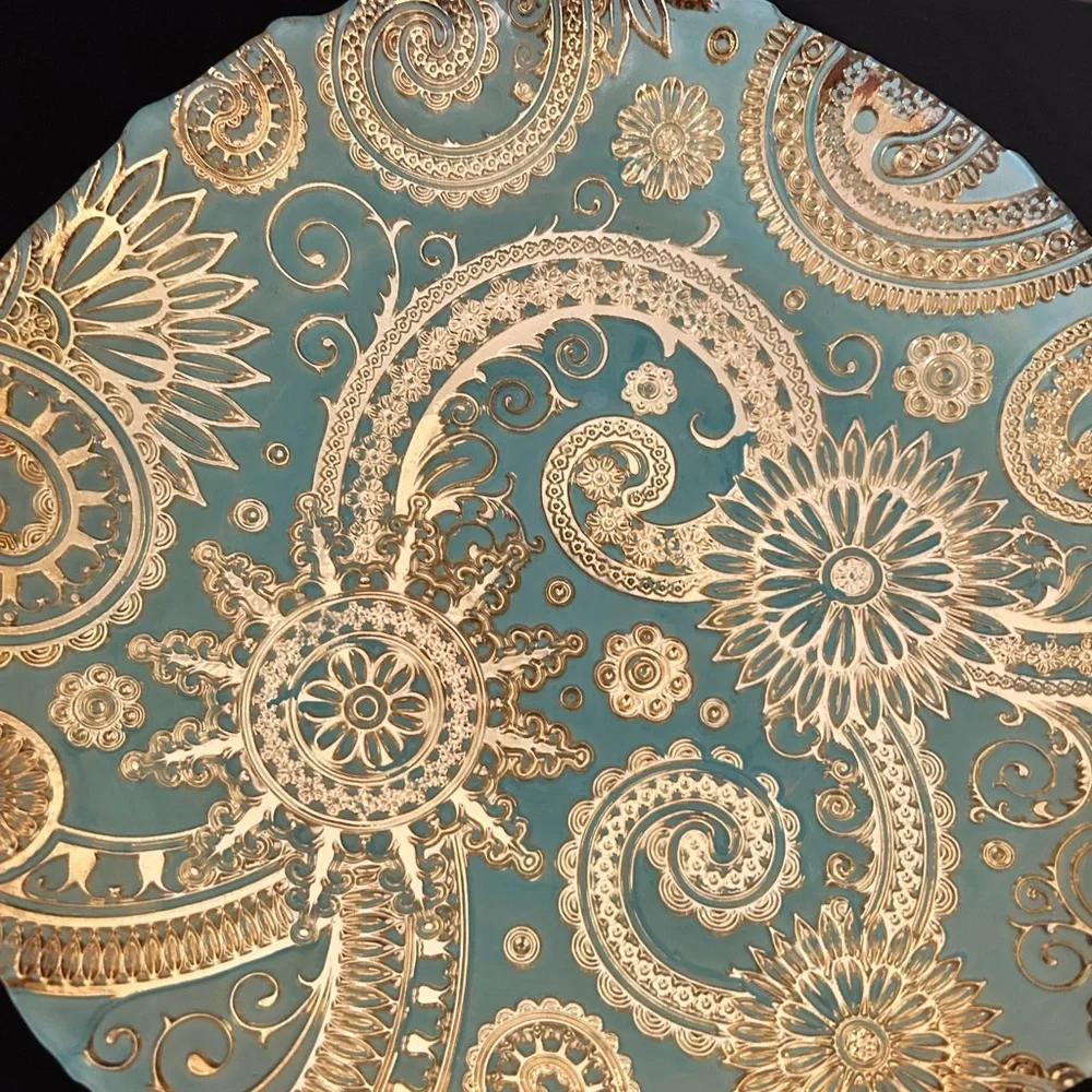 Akcam Turkish Handpainted 13” Gold And Teal Serving Bowl